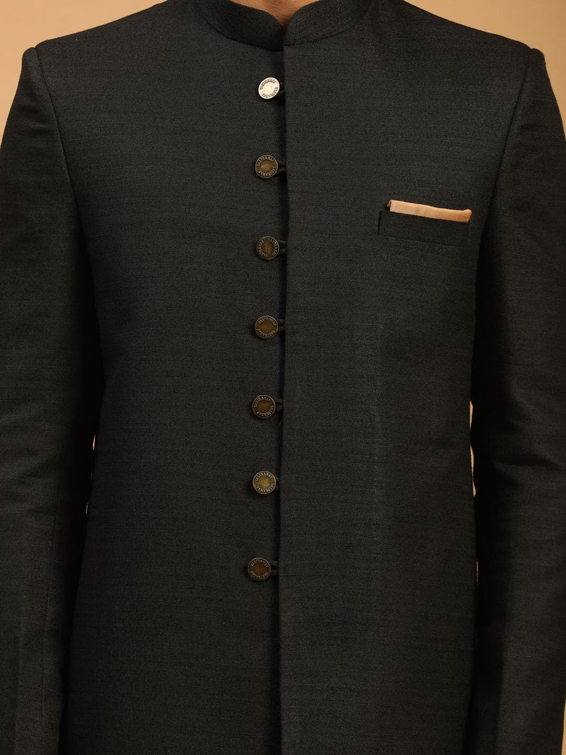 VASTRAMAY Matka Silk Solid Textured Sherwani with Metal Buttons and Pant Style Kurta Set For Men Elegant Ethnic Wear For Weddings & Festivals, 36,Black - Image 4