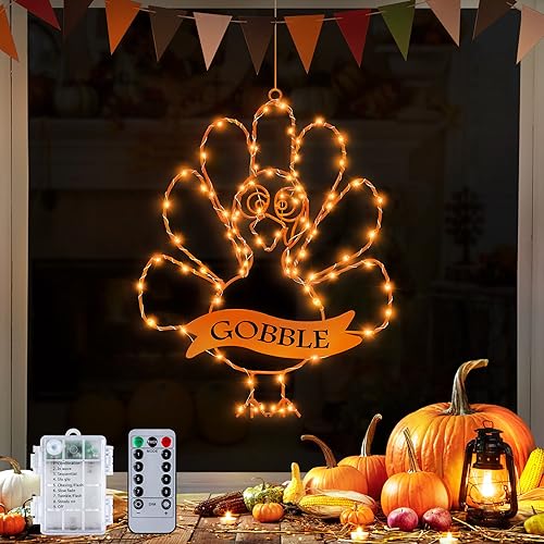 Sakayo Timer 8 Modes Thanksgiving Turkey Decorations Window Lights Thanksgiving Window Decorations Silhouette Light Orange Battery Operated Turkey Lights for Home Indoor Thanksgiving Party Decor - Image 1