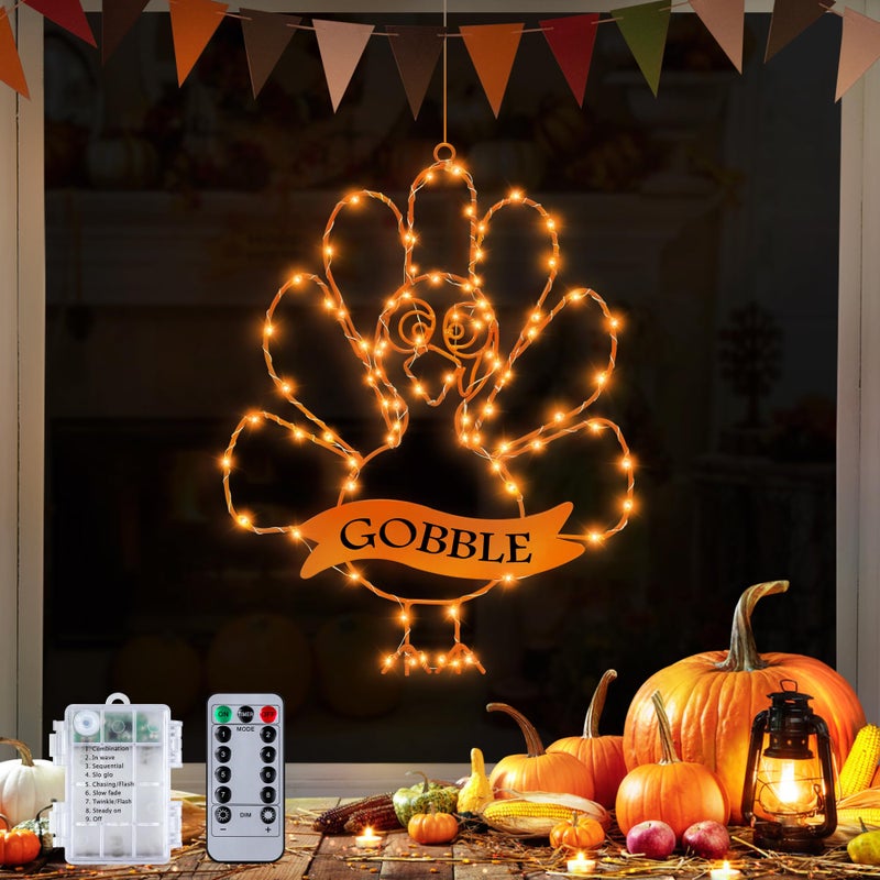 Sakayo Timer 8 Modes Thanksgiving Turkey Decorations Window Lights Thanksgiving Window Decorations Silhouette Light Orange Battery Operated Turkey Lights for Home Indoor Thanksgiving Party Decor - Image 2
