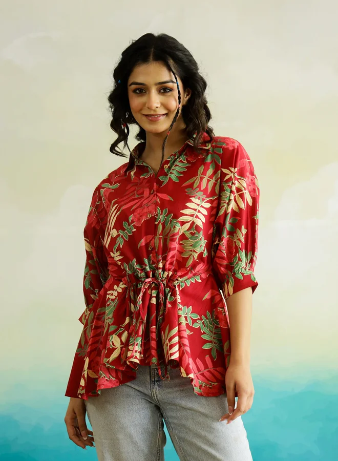 sanskrutihomes Sanskrutihomes Tropical Printed Batwing Sleeve Cotton Top with Ruched Detail