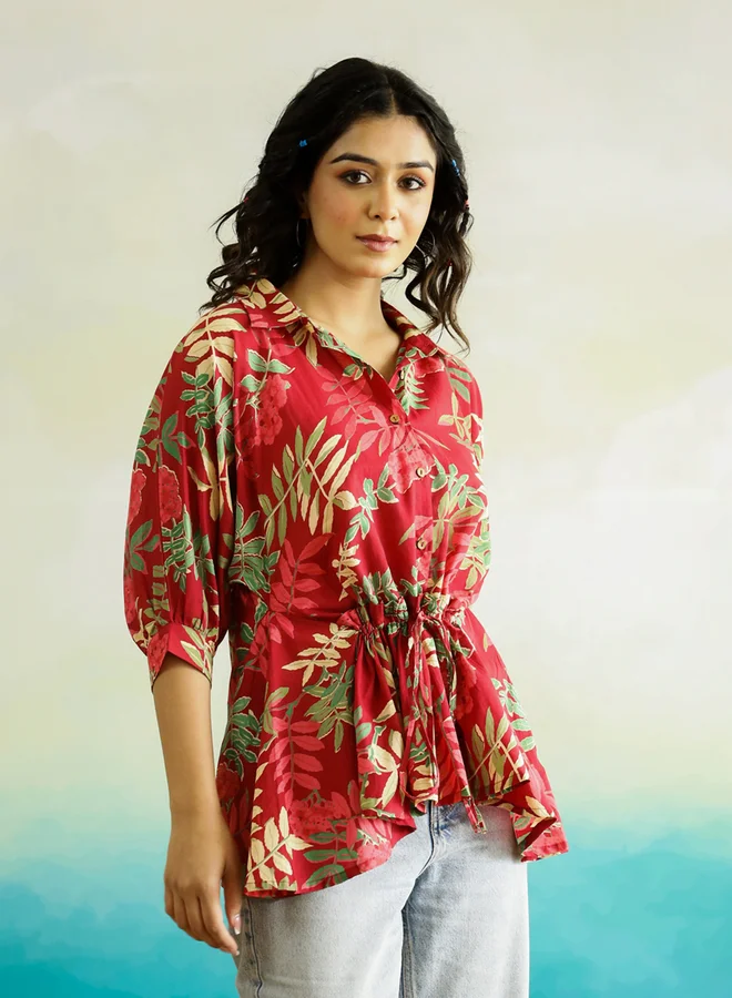 sanskrutihomes Sanskrutihomes Tropical Printed Batwing Sleeve Cotton Top with Ruched Detail