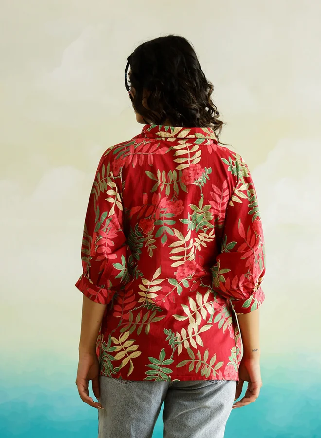 sanskrutihomes Sanskrutihomes Tropical Printed Batwing Sleeve Cotton Top with Ruched Detail