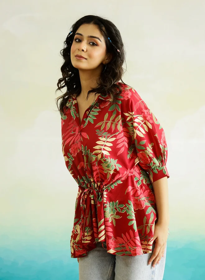 sanskrutihomes Sanskrutihomes Tropical Printed Batwing Sleeve Cotton Top with Ruched Detail