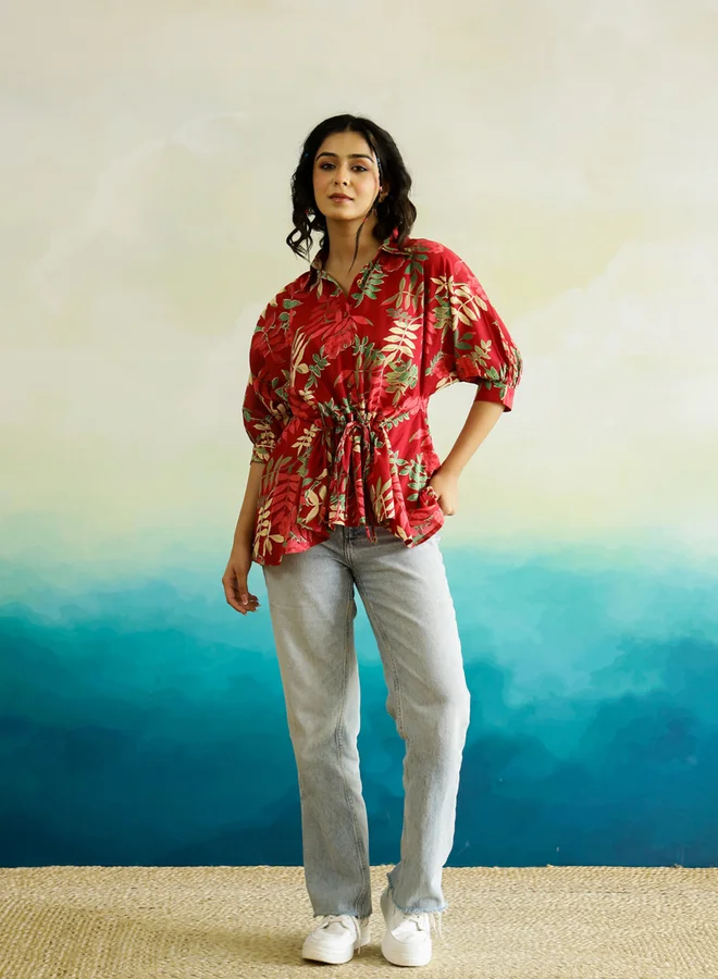 sanskrutihomes Sanskrutihomes Tropical Printed Batwing Sleeve Cotton Top with Ruched Detail