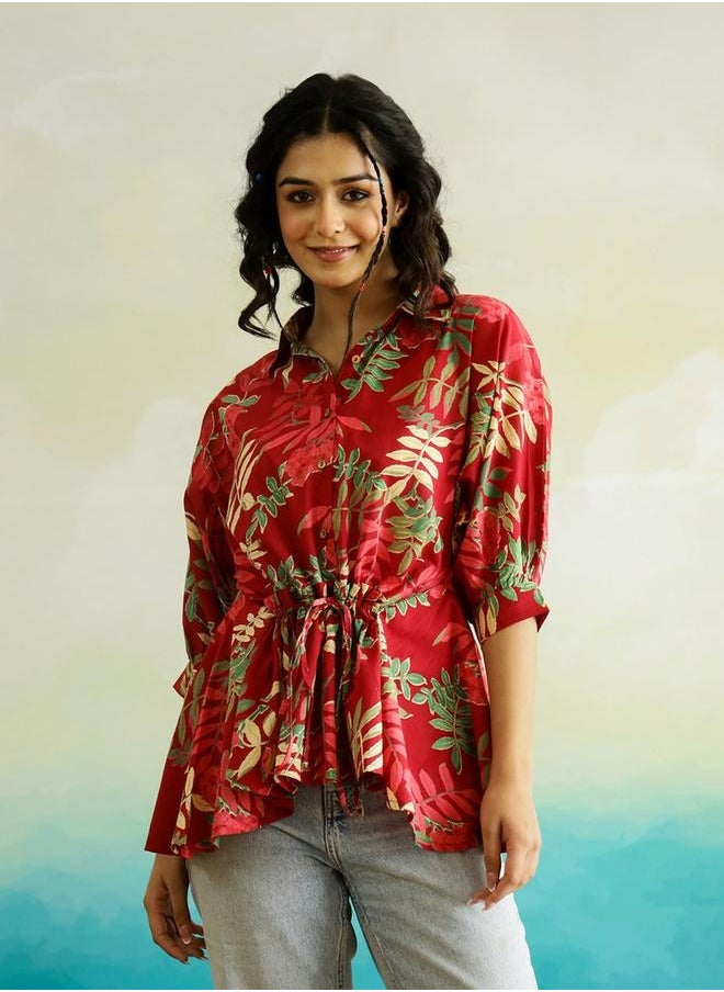 Tropical Printed Batwing Sleeve Cotton Top with Ruched Detail - pzsku/ZB6F5FB77C82C9EFF88C8Z/45/_/1740487749/cfcbc5fa-8083-44b3-bd18-76b0dd10a1de