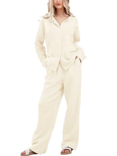 codcm Womens Pajama Sets Cotton Pj Set Cute Heart Print Long Sleeve Button Shirt With Pants(Apricot Solid,Large) - Image 1