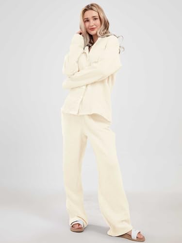 codcm Womens Pajama Sets Cotton Pj Set Cute Heart Print Long Sleeve Button Shirt With Pants(Apricot Solid,Large) - Image 2