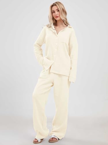 codcm Womens Pajama Sets Cotton Pj Set Cute Heart Print Long Sleeve Button Shirt With Pants(Apricot Solid,Large) - Image 3