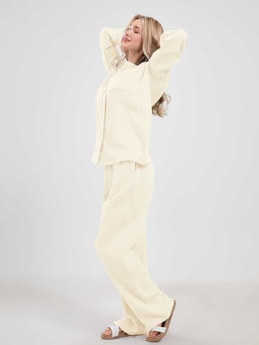 codcm Womens Pajama Sets Cotton Pj Set Cute Heart Print Long Sleeve Button Shirt With Pants(Apricot Solid,Large) - Image 5