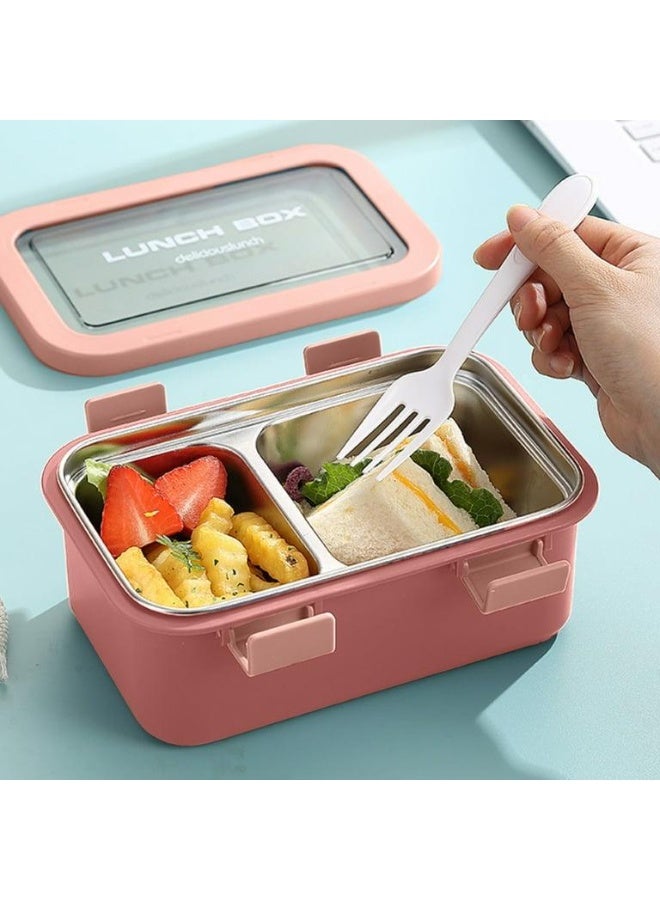 AKDC Two Compartment Lunch Box with Cutlery 850ml, SUS304 Stainless Steel Interior, Pink - Image 3
