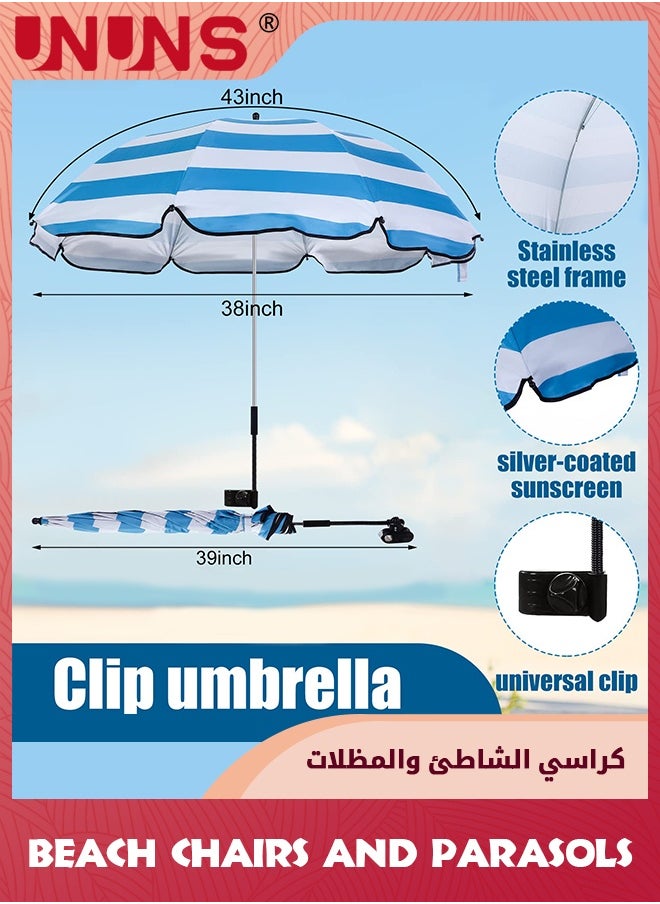 UNUNS 38 inch Beach Umbrella with Clamp,Sun Shade for Beach Chair,360°Adjustable UV Protection Golf Umbrella With Clip for Outdoor Stroller Wheelchair Camping Chair,Stripe,White Blue  - Image 3