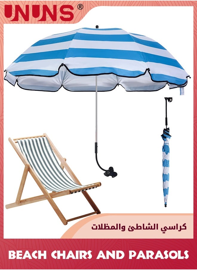 UNUNS 38 inch Beach Umbrella with Clamp,Sun Shade for Beach Chair,360°Adjustable UV Protection Golf Umbrella With Clip for Outdoor Stroller Wheelchair Camping Chair,Stripe,White Blue  - Image 1