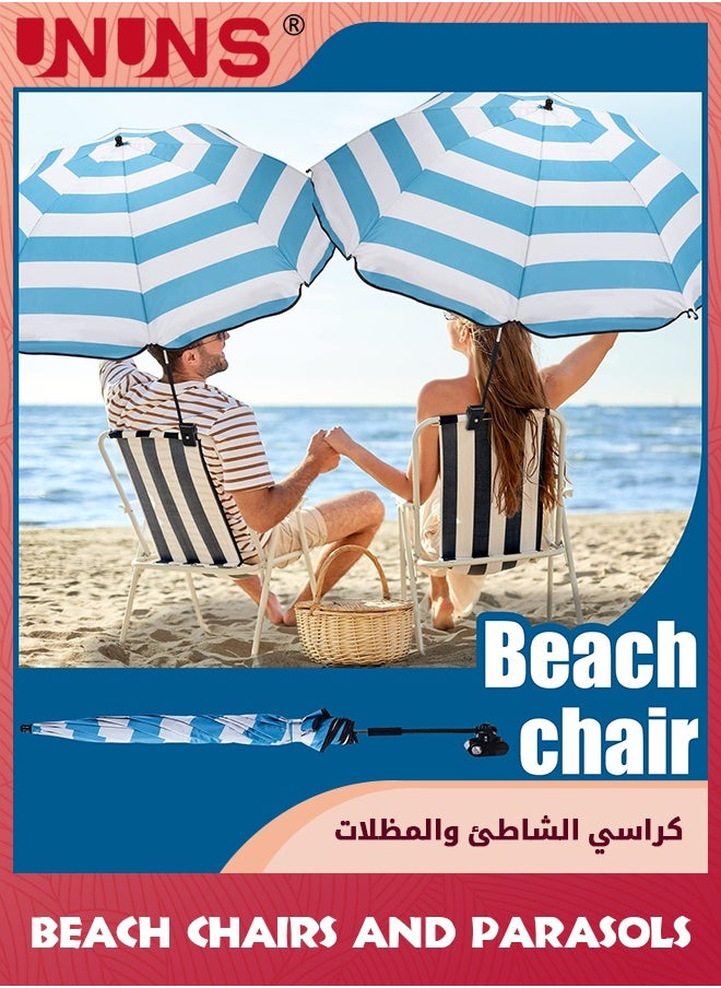 UNUNS 38 inch Beach Umbrella with Clamp,Sun Shade for Beach Chair,360°Adjustable UV Protection Golf Umbrella With Clip for Outdoor Stroller Wheelchair Camping Chair,Stripe,White Blue  - Image 2