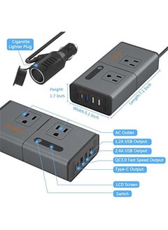 ANKOVO 200W Car Power Inverter - Car Plug Adapter Outlet Charger, DC 12V to 110V Car Inverter with USB Ports (1.2A&2.4A), QC3.0 USB, Type C - Black  - Image 2