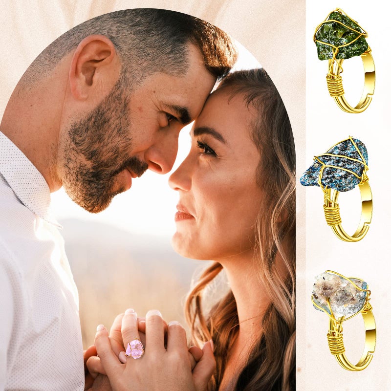 Sureio 12 Pieces Chakra Crystal Ring Healing Crystal Adjustable Gemstone Irregular Stone Rings for Women Colorful Gem Copper Wire Wrap Ring for Women, Gold Ring - Image 5