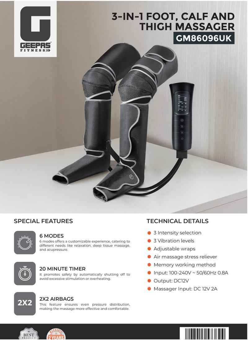 3-in-1 Foot, Calf and Thigh Massager| 6 Modes, with Adjustable Straps, 20 Minutes Timer, 2x2 Airbags | 3 Vibration Levels and Intensity Selection| Ideal for Athletes, Seniors, Perfect for Reducing Muscle Tension and Pain| 2 Years Warranty GM86096UK Black