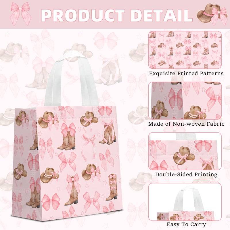 KERINGO 24 PCS Western Cowgirl Paper Bags Pink Bow Cowgirl Hat Boot Treat Bags with Handles Candy Goodie Non Woven Grocery Shopping for Birthday Party Favors Supplies - Image 3
