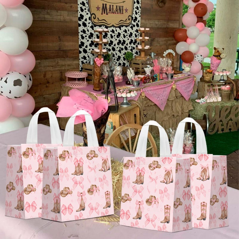 KERINGO 24 PCS Western Cowgirl Paper Bags Pink Bow Cowgirl Hat Boot Treat Bags with Handles Candy Goodie Non Woven Grocery Shopping for Birthday Party Favors Supplies - Image 5