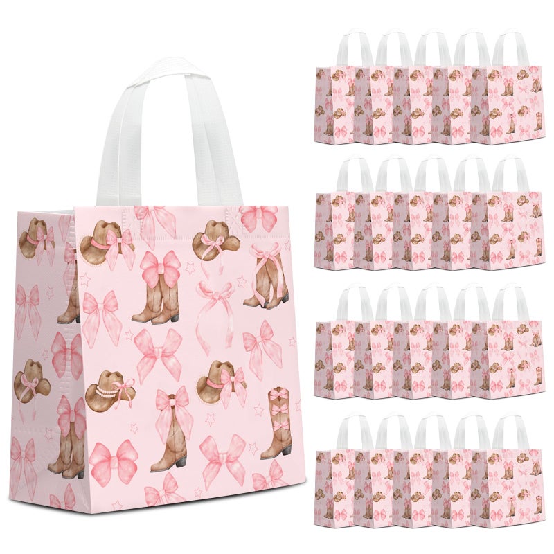 KERINGO 24 PCS Western Cowgirl Paper Bags Pink Bow Cowgirl Hat Boot Treat Bags with Handles Candy Goodie Non Woven Grocery Shopping for Birthday Party Favors Supplies - Image 1