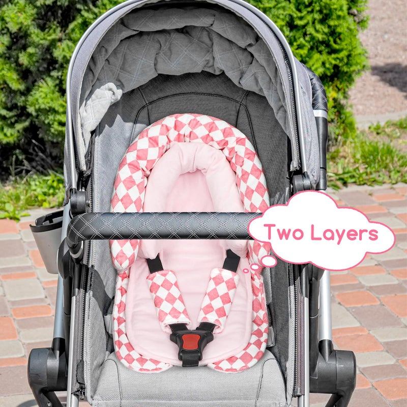 GFU Baby Car Seat Head Support for Newborn, 2 in 1 Infant Car Seat Head Body Support with Strap Pads, Soft Stroller Cushion Pillow Insert for Girls, Fits for Stroller, Swing, Pink Diamond - Image 2