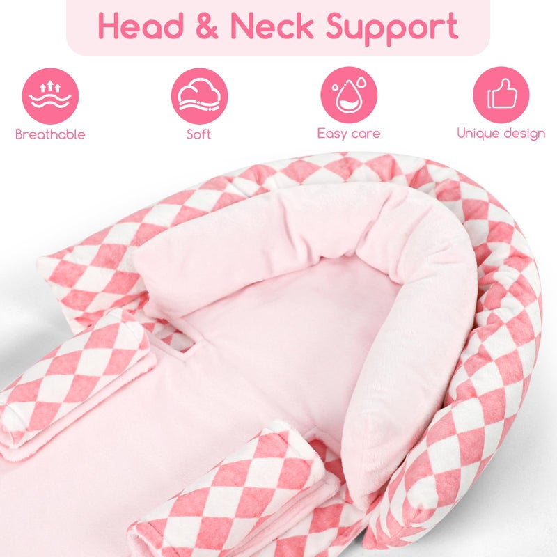 GFU Baby Car Seat Head Support for Newborn, 2 in 1 Infant Car Seat Head Body Support with Strap Pads, Soft Stroller Cushion Pillow Insert for Girls, Fits for Stroller, Swing, Pink Diamond - Image 1