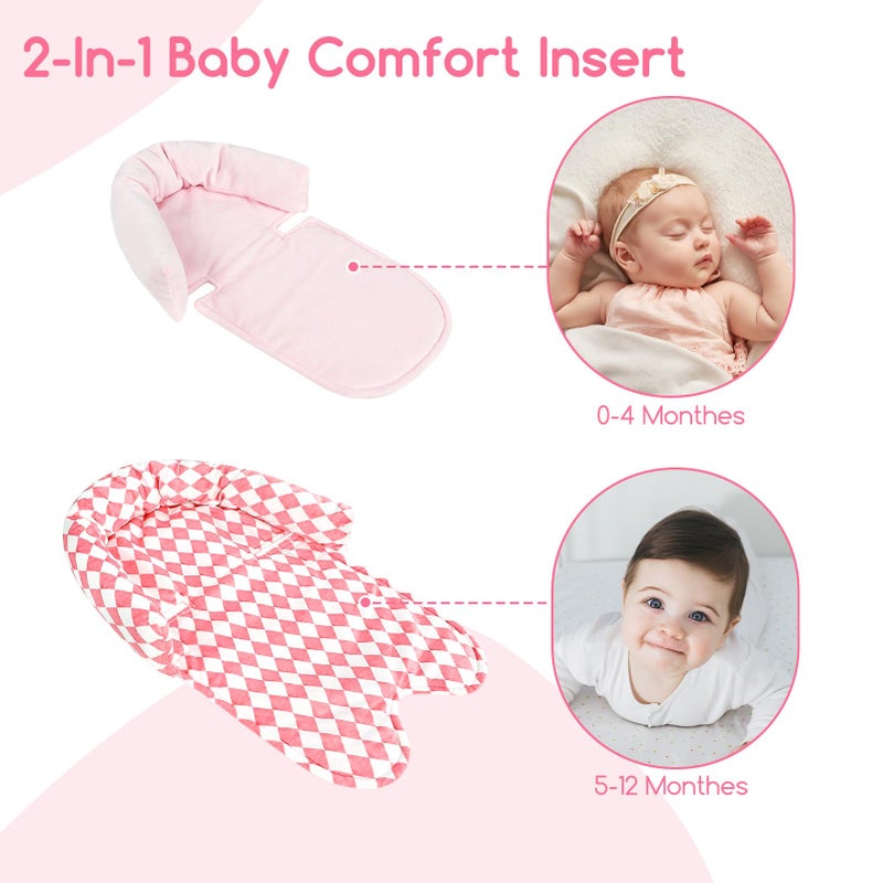GFU Baby Car Seat Head Support for Newborn, 2 in 1 Infant Car Seat Head Body Support with Strap Pads, Soft Stroller Cushion Pillow Insert for Girls, Fits for Stroller, Swing, Pink Diamond - Image 3