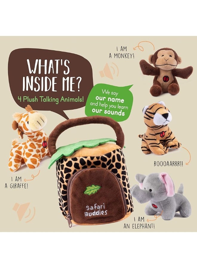 Talking Plush Jungle Animals Set: 4 Soft Safari toys - Elephant, Monkey, Giraffe, Tiger & Jungle House Carrier
