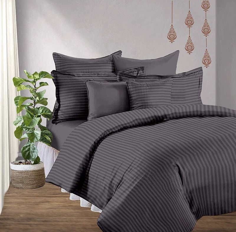 Castiqa Premium Glace Cotton Satin Queen Size Striped Duvet Cover with Zipper Closure, Gray - Image 3