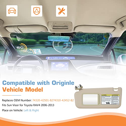 Hurotoms Left & Right Sun Visor with Light for 2006-2013 Toyota RAV4, Driver & Passenger Beige Visor Assembly, Replacement 74320-42501-B2, 74310-42452-B2, - Image 2