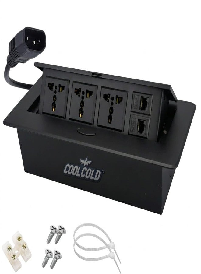 كول كولد مقبس طاقة منبثق من COOLCOLD مزود بثلاثة منافذ تيار متردد عالمية ومنفذي RJ45 LAN | شريط طاقة مخفي يُوضع على سطح الطاولة مع غطاء قلاب | مقبس مكتبي معياري لطاولة اجتماعات المكتب، ومحطة العمل، والمنزل - Image 1