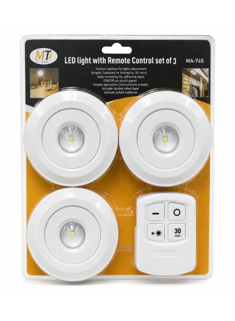 MT Set of 3 Round LED Lights with Remote Control, Adjustable Brightness, 30-Minute Timer & Adhesive Mounting - Image 2