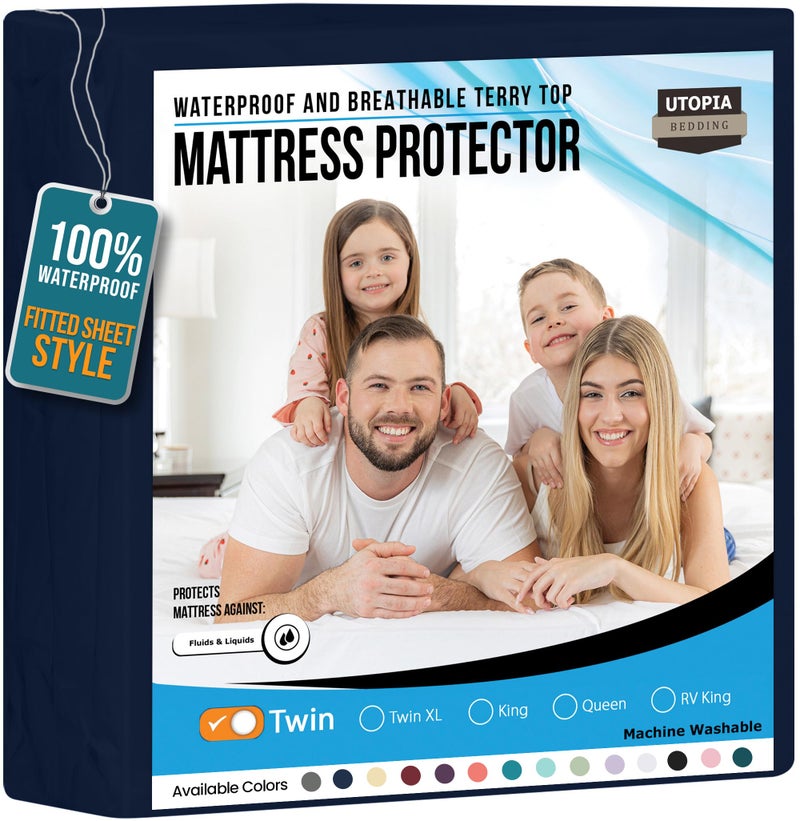 Utopia Bedding Waterproof Mattress Protector Twin Size, Premium Terry Mattress Cover 200 GSM, Breathable, Fitted Style with Stretchable Pockets (Navy) - Image 1