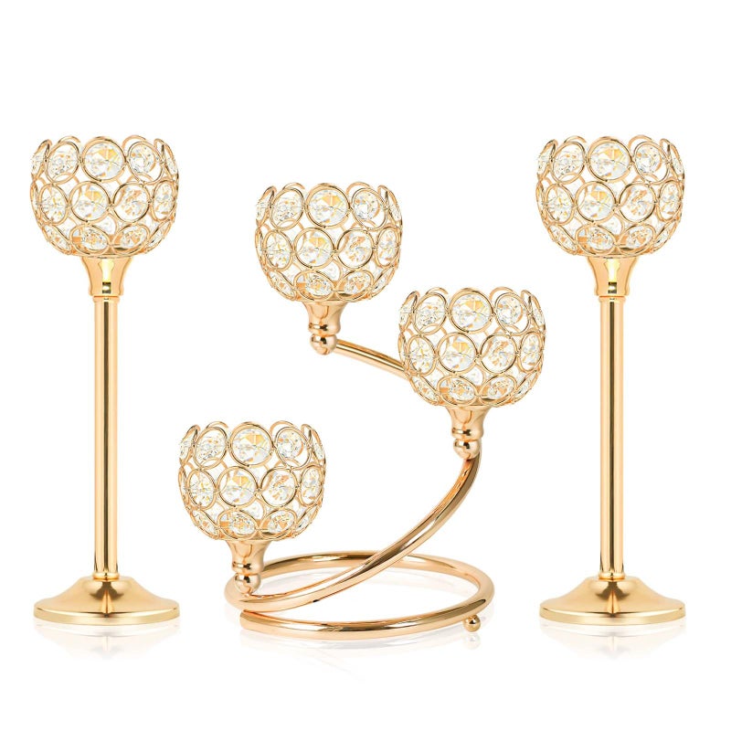 KEHAIL Gold Metal Crystal Candle Holder Set of 3 Elegant 5Arm Metal Tea Light Centerpiece with Shining Crystal Bowl Wedding Anniversary Table Decor for Dining Party - Image 2