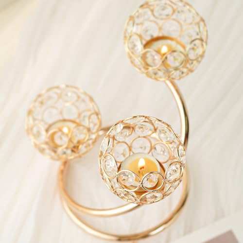 KEHAIL Gold Metal Crystal Candle Holder Set of 3 Elegant 5Arm Metal Tea Light Centerpiece with Shining Crystal Bowl Wedding Anniversary Table Decor for Dining Party - Image 3