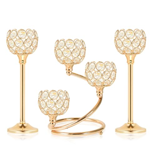 KEHAIL Gold Metal Crystal Candle Holder Set of 3 Elegant 5Arm Metal Tea Light Centerpiece with Shining Crystal Bowl Wedding Anniversary Table Decor for Dining Party - Image 1