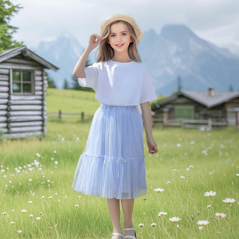 Jastore Girls High Waist Tulle Skirts A-line Mesh Skirt Midi Tutu Skirts Dress for Toddler Girl (US, Age, 5 Years, 8 Years, Grayish Blue) - Image 3