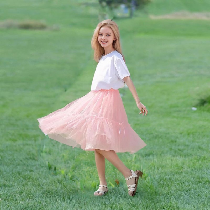 Jastore Girls High Waist Tulle Skirts A-line Mesh Skirt Midi Tutu Skirts Dress for Toddler Girl (US, Age, 5 Years, 8 Years, Grayish Blue) - Image 5