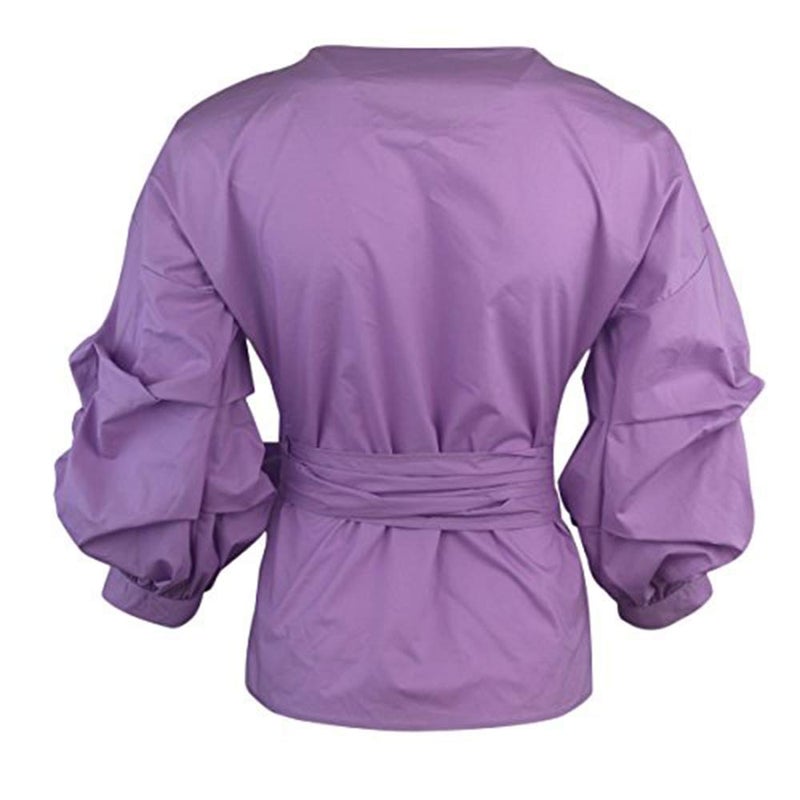 AOMEI Women Spring Summer Blouses with Puff Sleeve Sashes Shirts Peplum Tops Purple Color - Image 5