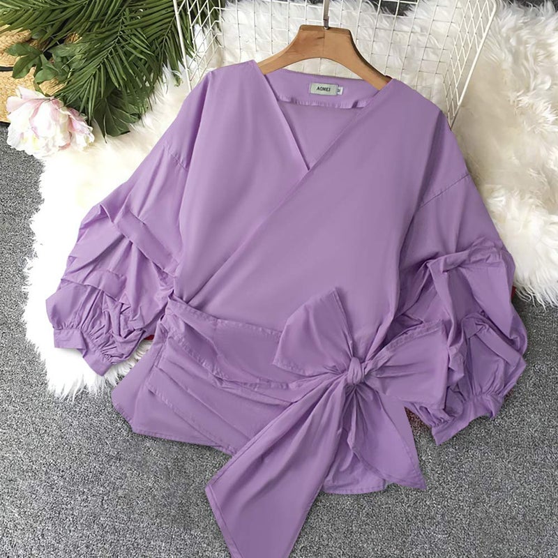 AOMEI Women Spring Summer Blouses with Puff Sleeve Sashes Shirts Peplum Tops Purple Color - Image 3