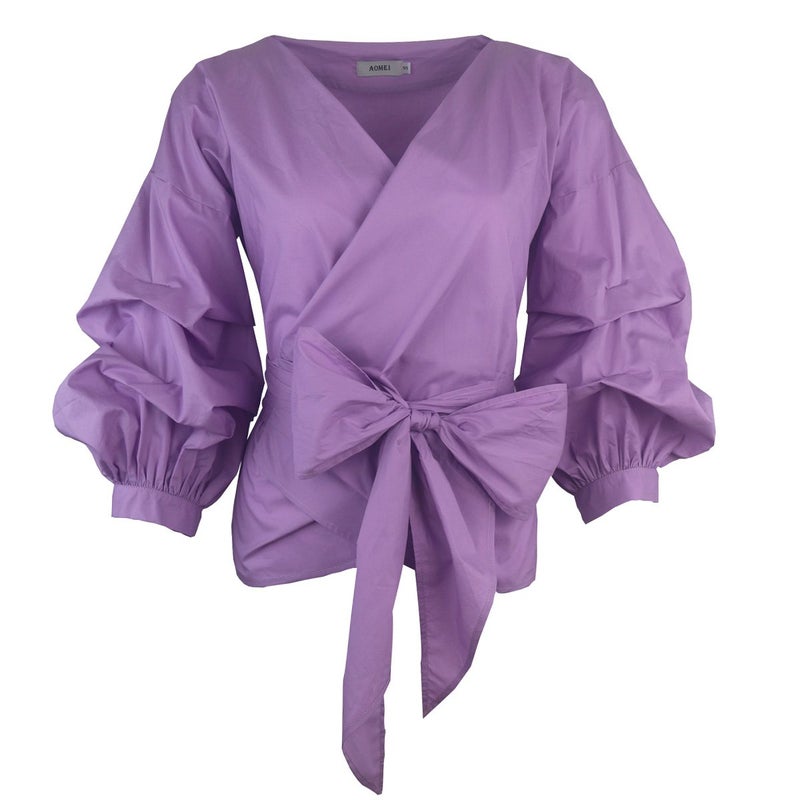 AOMEI Women Spring Summer Blouses with Puff Sleeve Sashes Shirts Peplum Tops Purple Color - Image 1