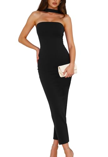MISSJOY Women’s Formal Wedding Guest Dress Elegant Strapless Tube Dress Cocktail Party Evening Semi Formal Bodycon Long Maxi Dress Black - Image 1
