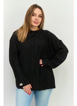 Women Crew Neck Long Sleeves Brand Logo Top, Black