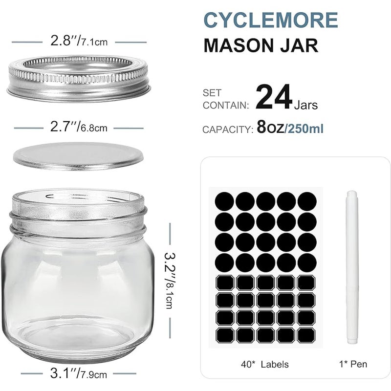 CycleMore 24 Pcs 8oz Clear Glass Mason Jars With Regular Silver Separable Lids, 250ml Round Spice Canning Jars for Honey, Jam, Herb, Wedding Favors, Kitchen Storage, DIY Souvenir - Image 2