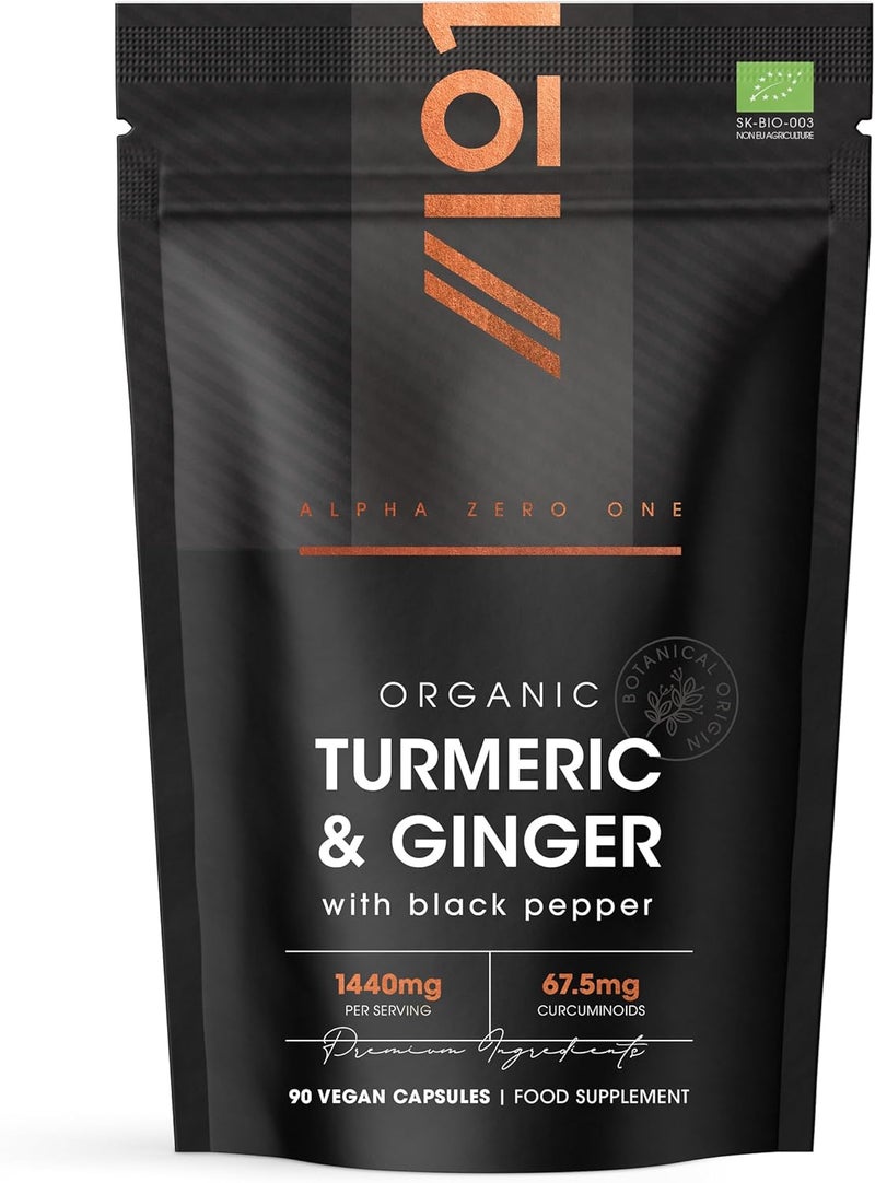 ALPHA01 Organic Turmeric 1440mg with Ginger Black Pepper High Strength Curcuminoids 90 Vegan Capsules Resealable and Recyclable Pouch by Alpha01 - Image 1