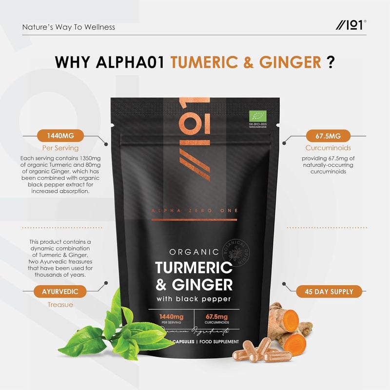 ALPHA01 Organic Turmeric 1440mg with Ginger Black Pepper High Strength Curcuminoids 90 Vegan Capsules Resealable and Recyclable Pouch by Alpha01 - Image 2
