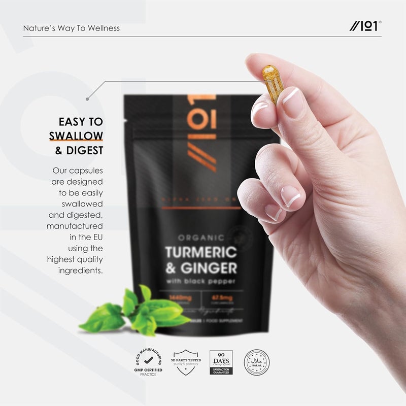ALPHA01 Organic Turmeric 1440mg with Ginger Black Pepper High Strength Curcuminoids 90 Vegan Capsules Resealable and Recyclable Pouch by Alpha01 - Image 5