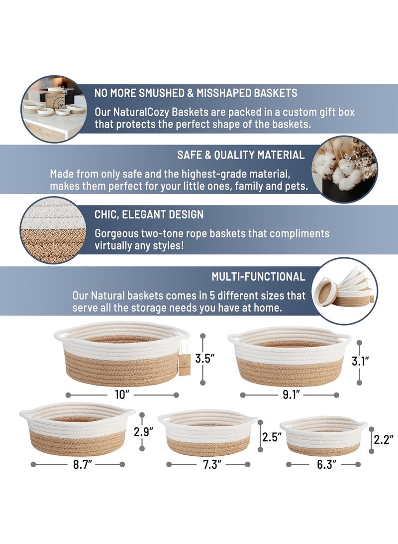 Arabest 5-Piece Round Small Woven Baskets Set– Cotton Rope Baskets for Organizing! Montessori Toys, Fruits Remotes Key Tray Bowl for Entryway Desk, Shallow Catchall Home Décor, Cat Dog Bin Gift - Image 2