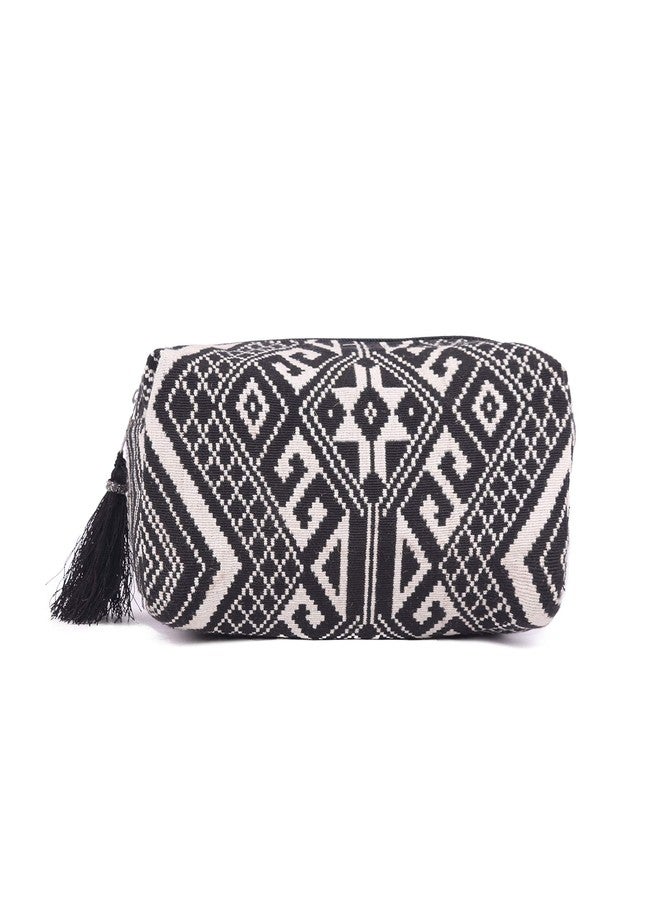 ASTRID Black & White Diamond Pattern Woven Makeup/Travel Pouch with Tassels (Black Textured) - Image 1