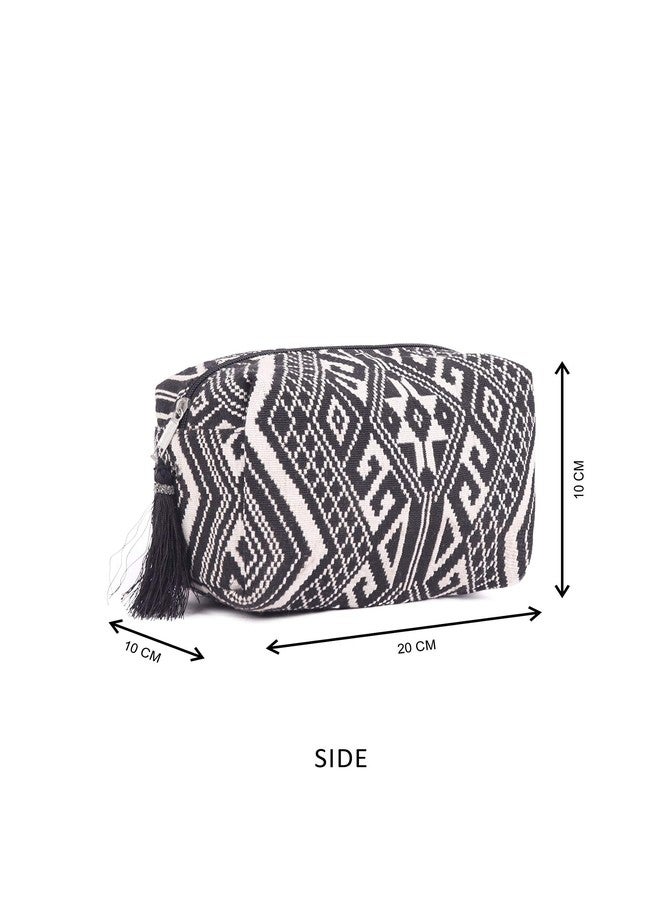 ASTRID Black & White Diamond Pattern Woven Makeup/Travel Pouch with Tassels (Black Textured) - Image 4