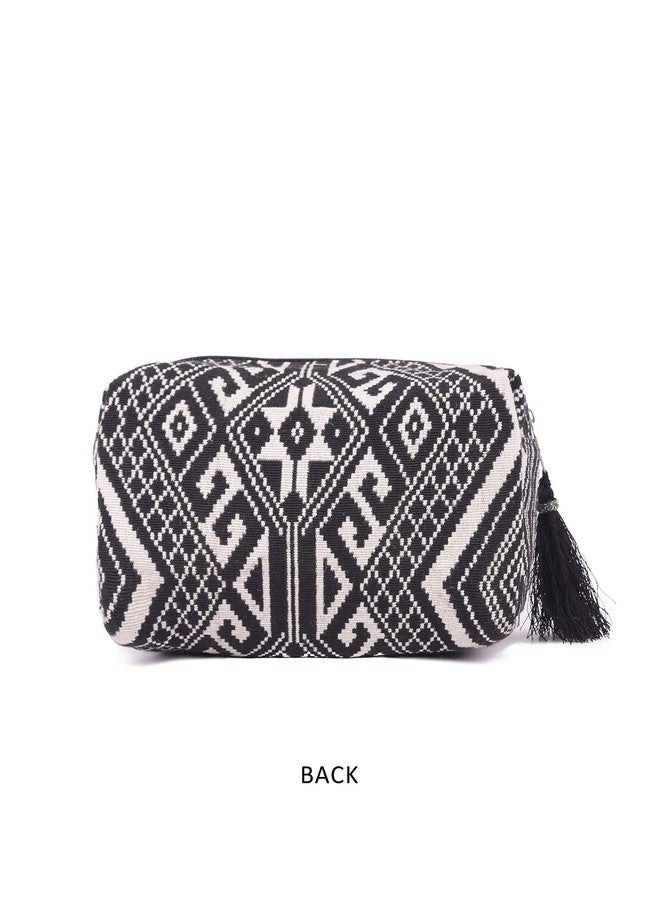 ASTRID Black & White Diamond Pattern Woven Makeup/Travel Pouch with Tassels (Black Textured) - Image 2